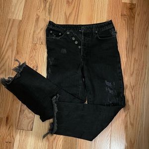 carmar denim black distressed straight leg jeans with frayed hem